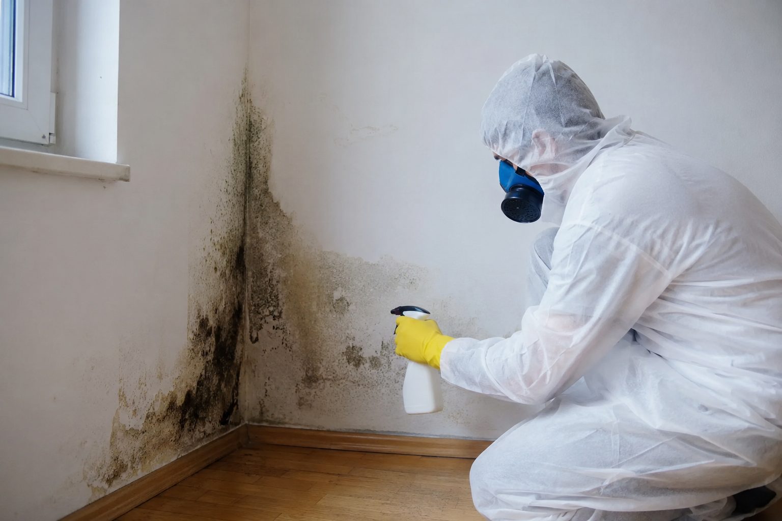 Professionnel en combinaison traitant des moisissures sur un mur humide après un dégât des eaux