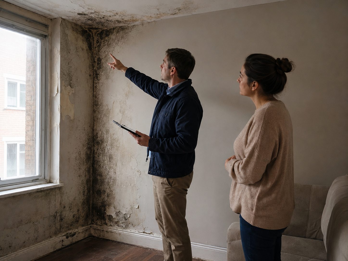 Expert d’assurance inspectant des moisissures sur un mur humide dans un logement