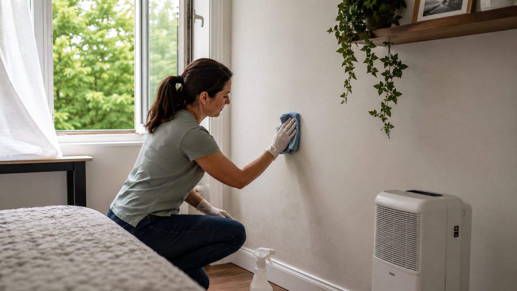 Personne nettoyant un mur après des moisissures dans une chambre aérée avec un déshumidificateur