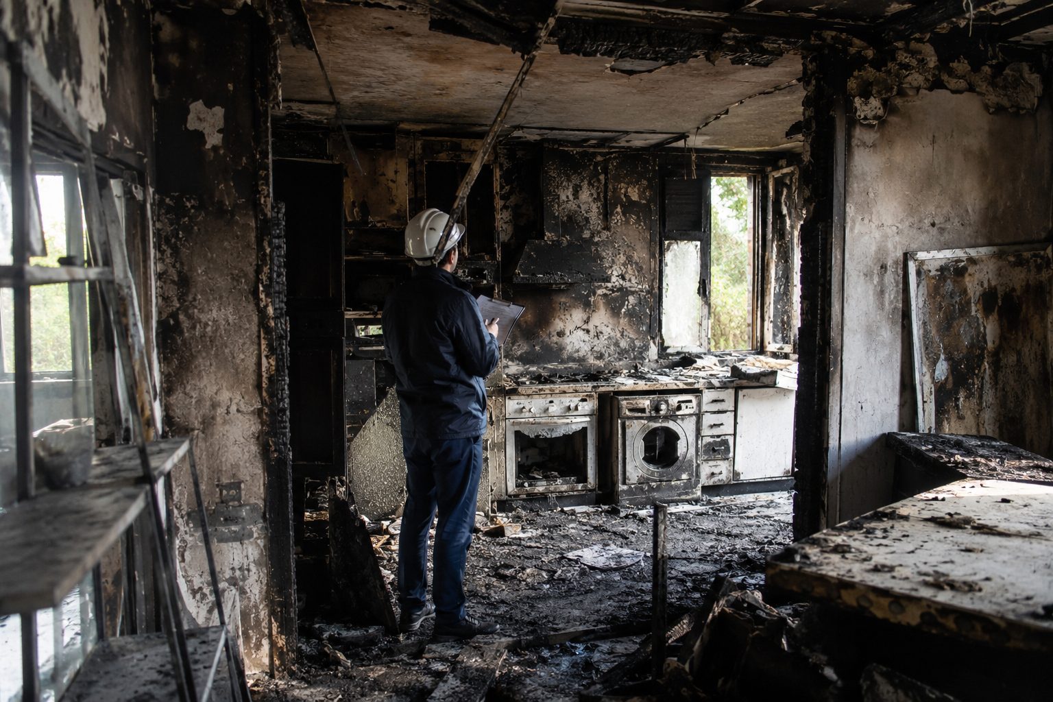 Logement endommagé par un incendie avec un professionnel inspectant les dégâts avant la remise en état