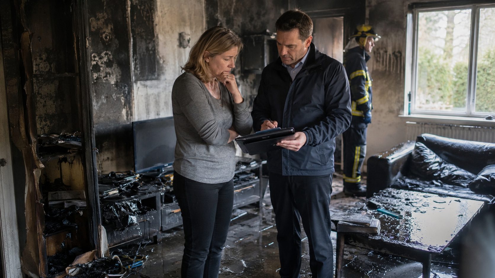 Personne sinistrée accompagnée d’un expert dans un logement endommagé après un incendie
