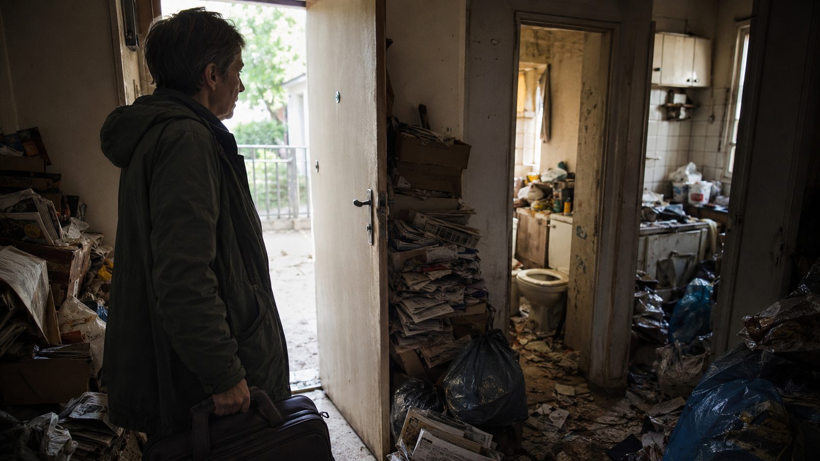 Personne quittant temporairement un logement très encombré et insalubre après un syndrome de Diogène, avec des déchets, des cartons et des accès difficiles.