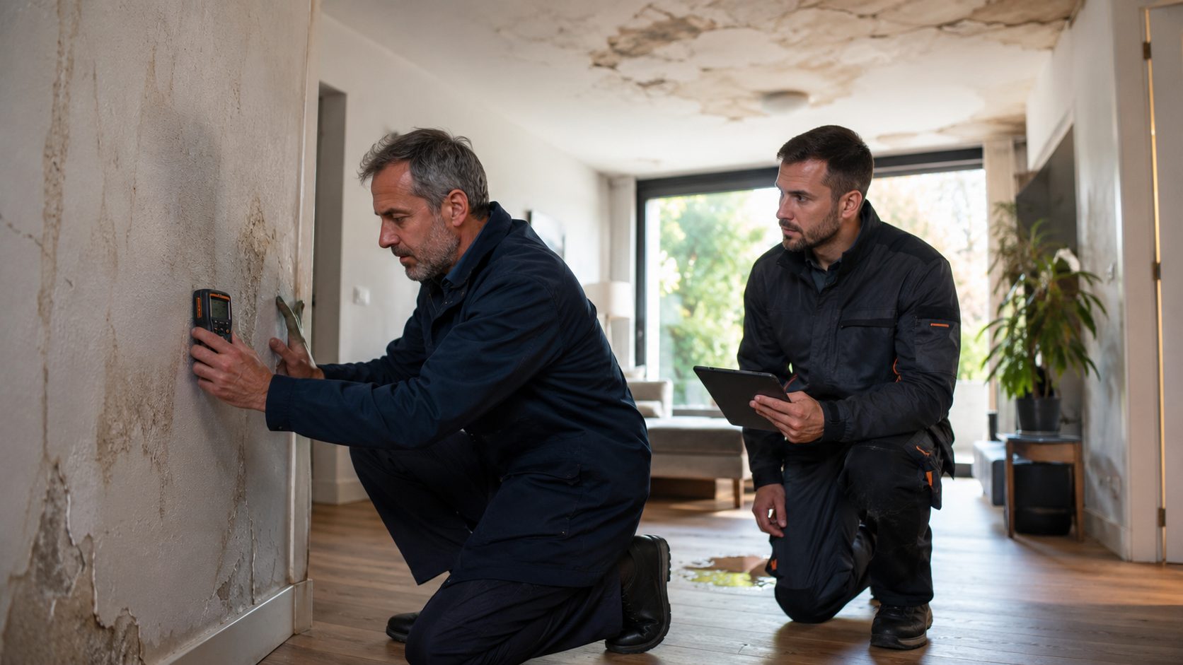 Experts inspectant un mur humide après un dégât des eaux dans un logement