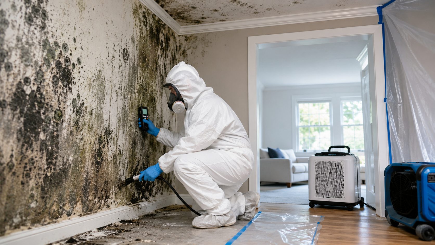 Professionnel en combinaison de protection traitant un mur couvert de moisissures dans un logement humide