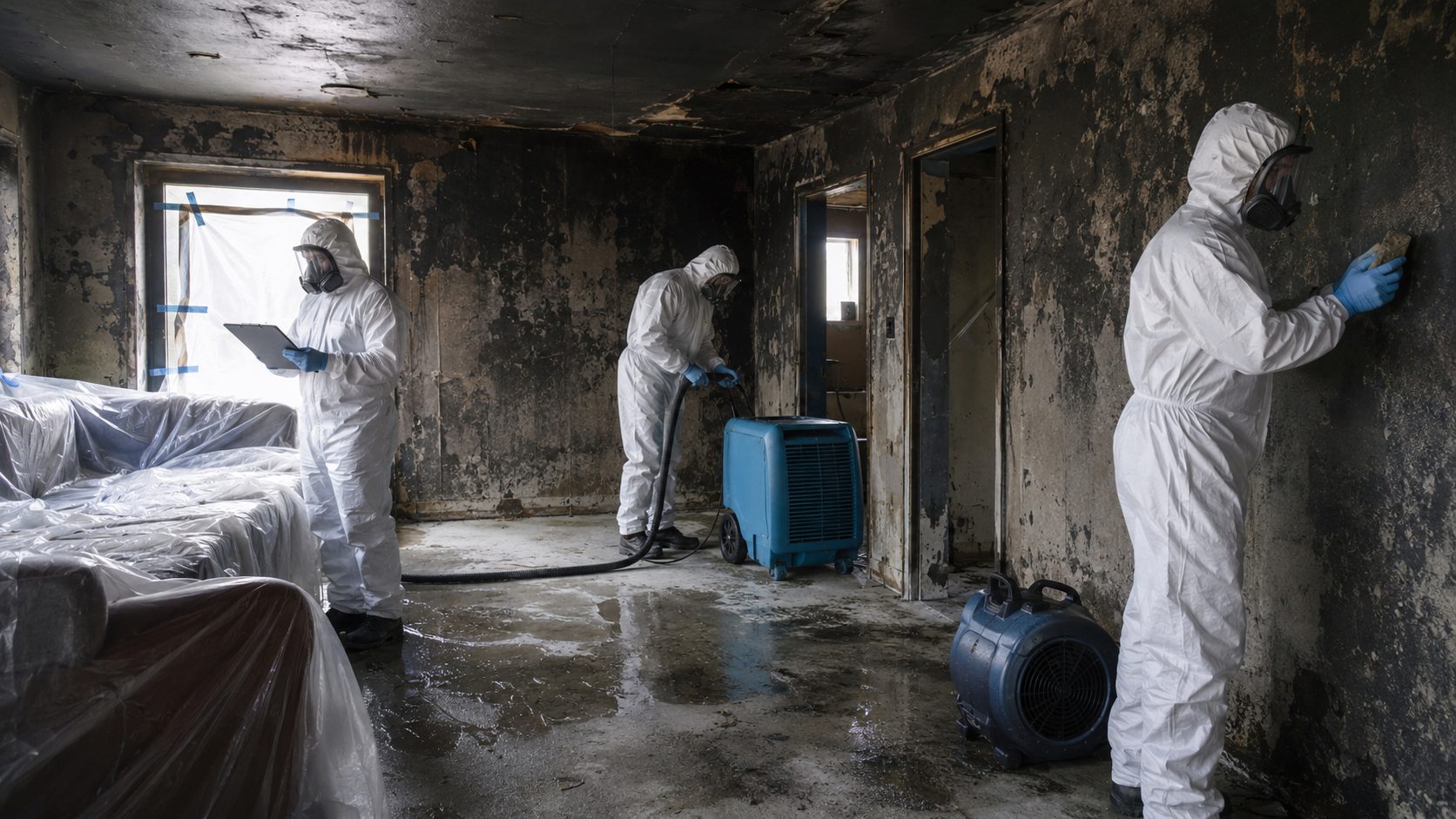 Équipe spécialisée en intervention après incendie nettoyant les suies, asséchant les sols et décontaminant une pièce endommagée par le feu