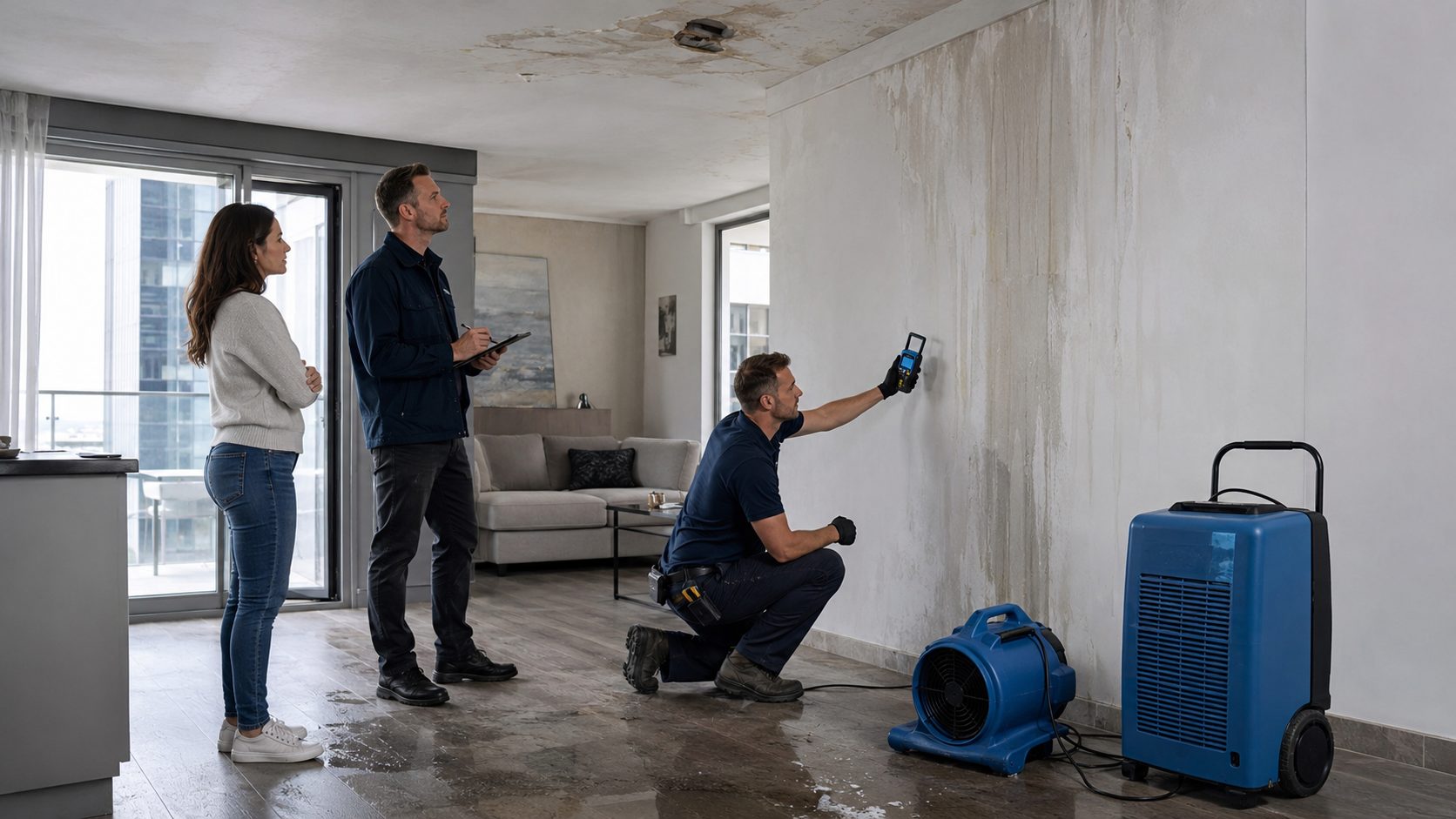 Technicien spécialisé mesurant l’humidité d’un mur après un dégât des eaux dans un appartement avec matériel de séchage professionnel
