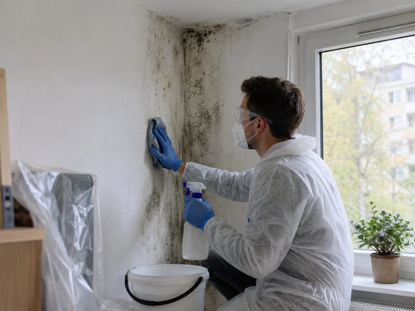 Personne équipée de gants, masque et lunettes nettoyant un mur touché par des moisissures dans un logement