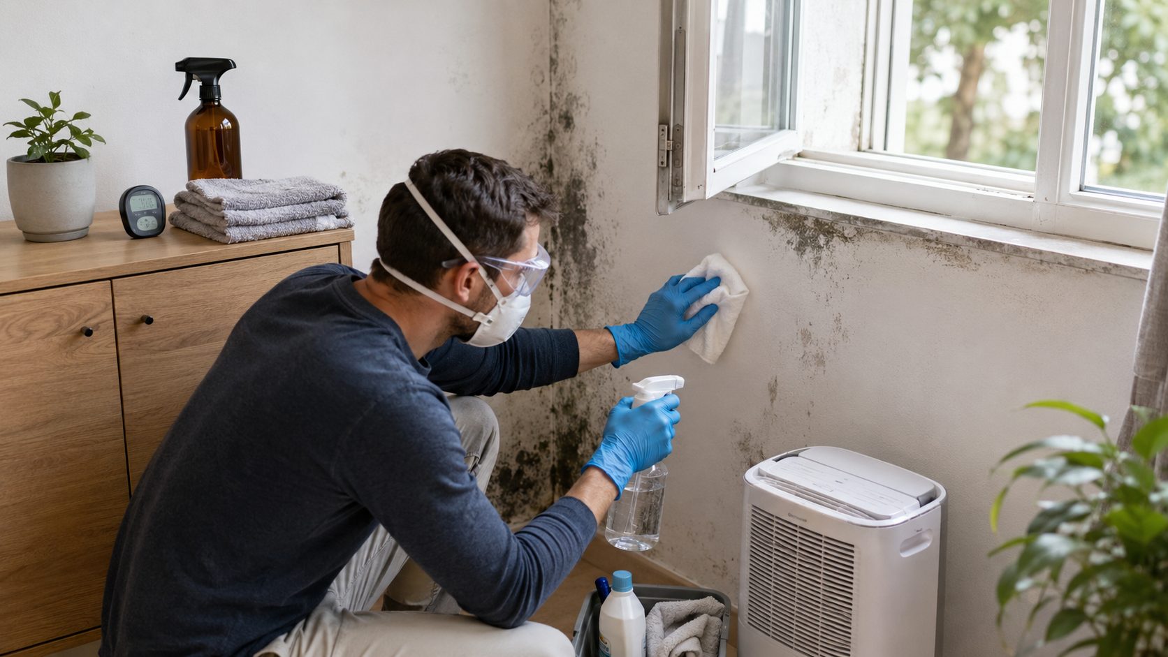 Personne équipée de gants, masque et lunettes nettoyant des moisissures sur un mur humide près d’une fenêtre ouverte.