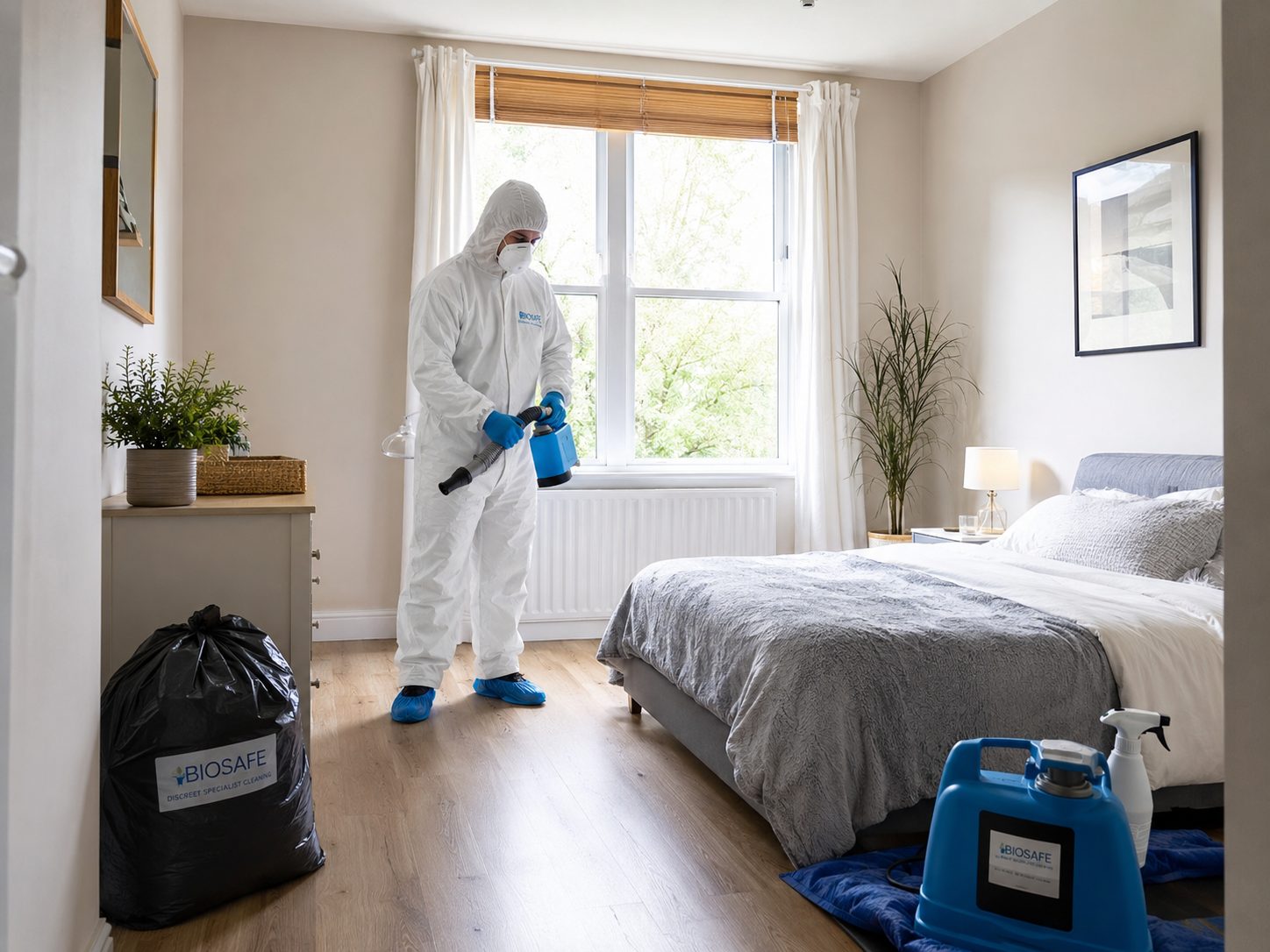 Technicien en combinaison de protection réalisant une désinfection professionnelle dans une chambre après un décès