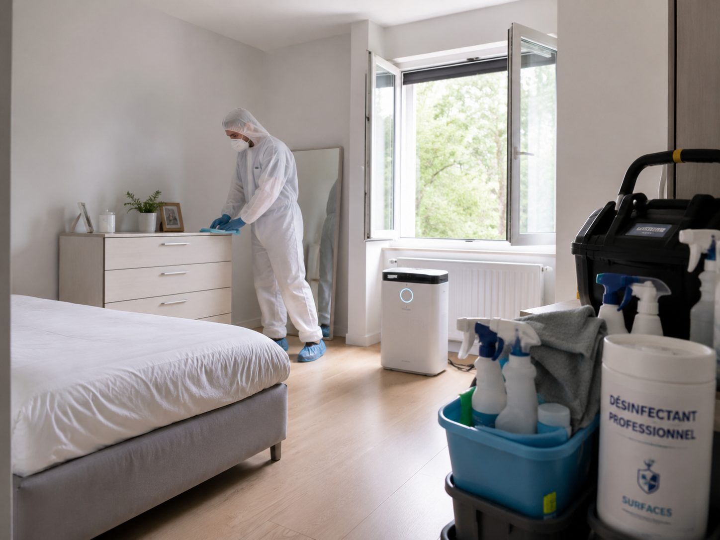 Professionnel en combinaison désinfectant une chambre après un décès pour éviter les odeurs persistantes