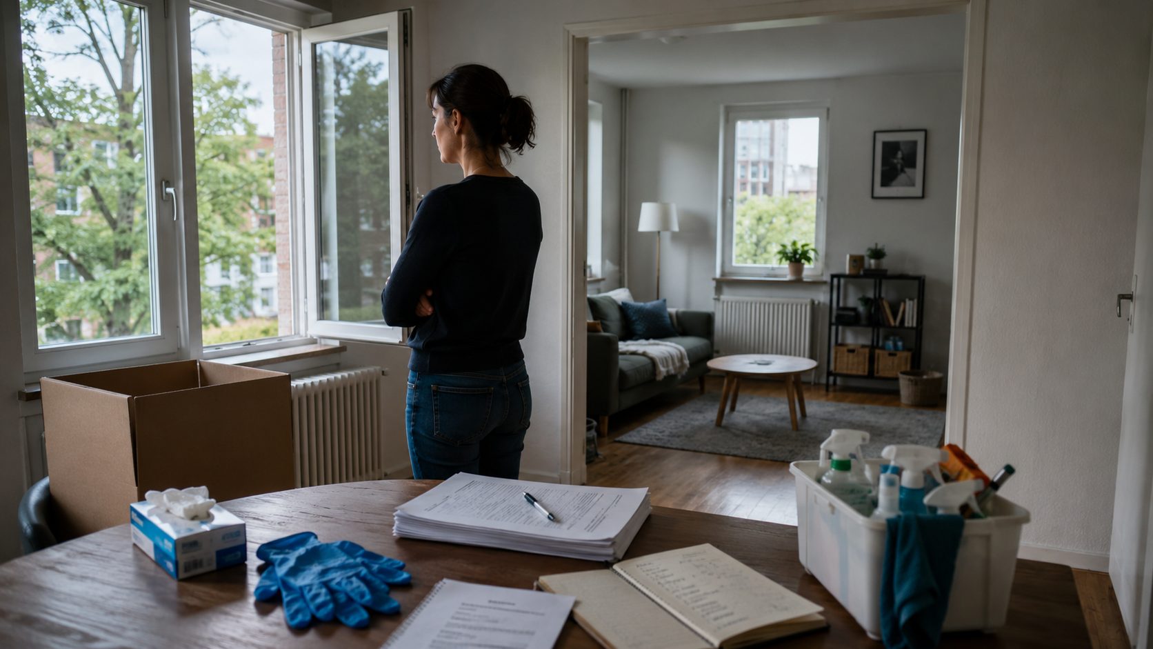 Femme dans un logement assaini après un nettoyage après décès avec documents, gants et produits de nettoyage