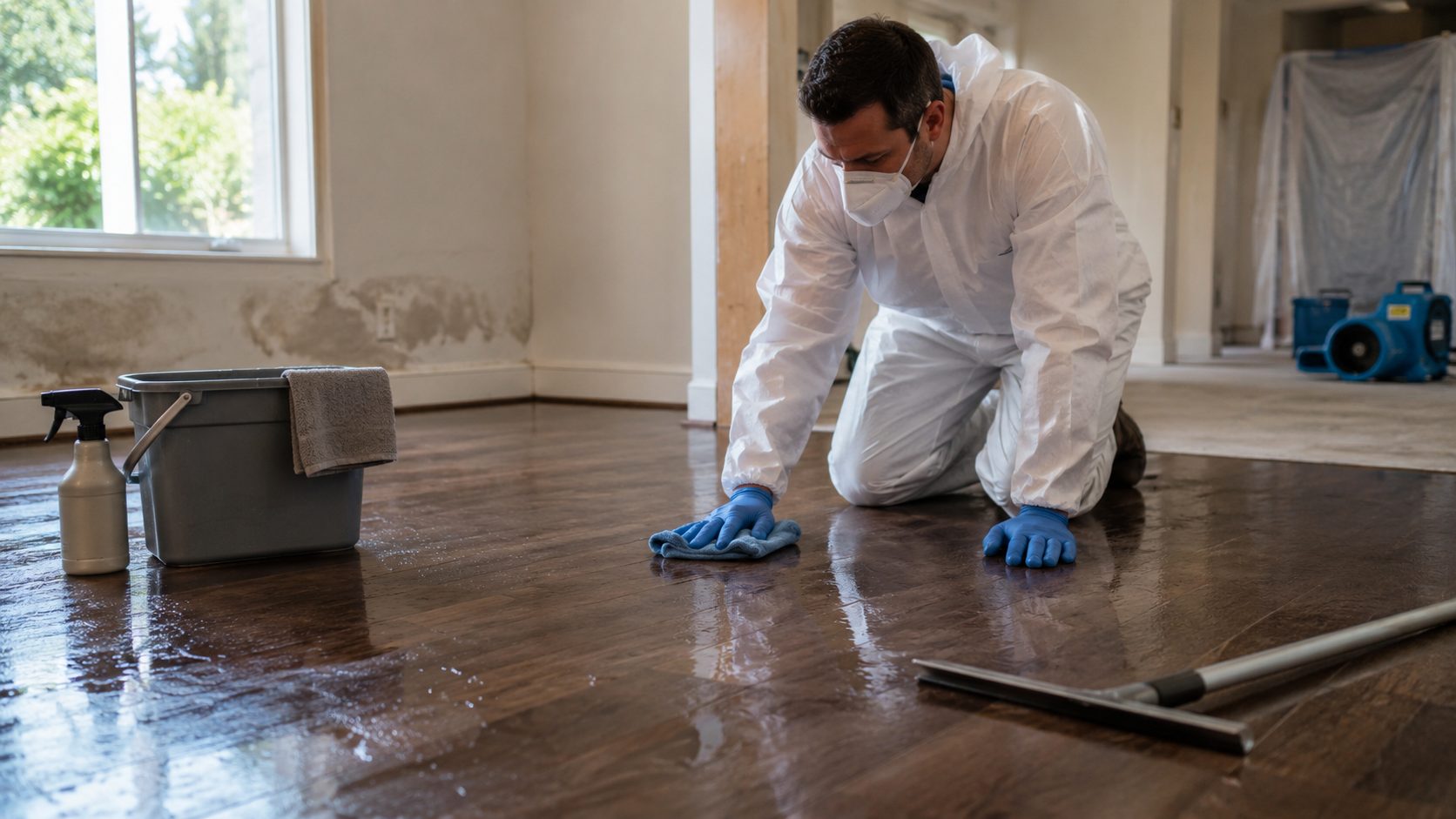 Professionnel en équipement de protection nettoyant un sol humide après une désinfection réalisée à la suite d’un sinistre