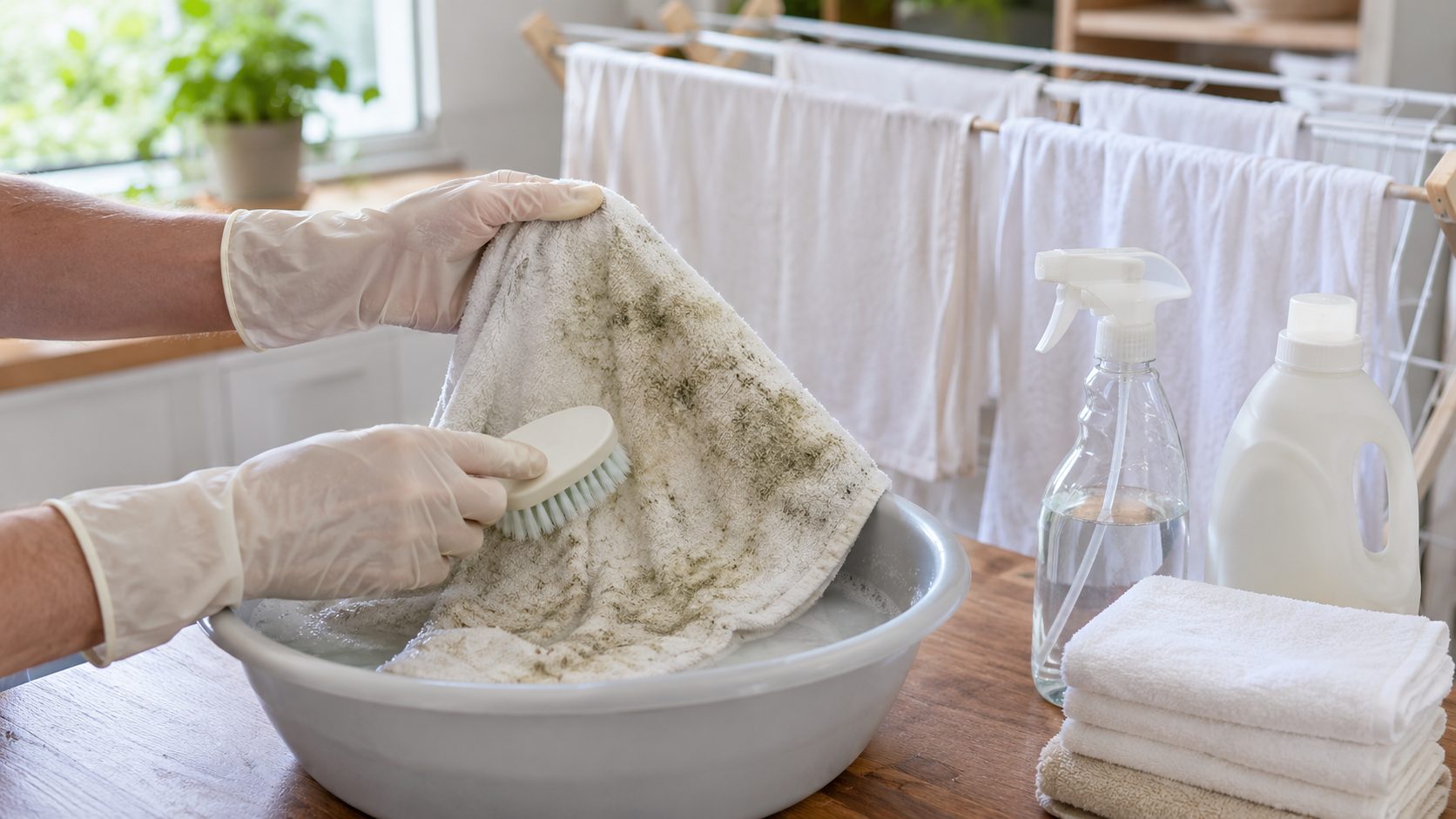 Personne avec des gants nettoyant une serviette tachée de moisissure dans une bassine avec une brosse et des produits de lavage.