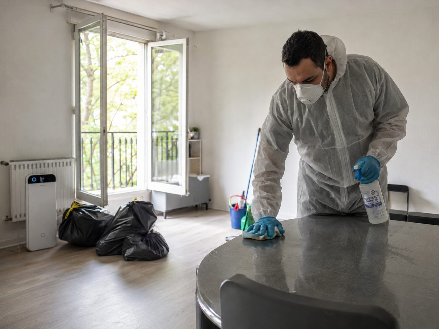 Professionnel du nettoyage désinfectant un logement aéré après un syndrome de Diogène pour éliminer les odeurs persistantes