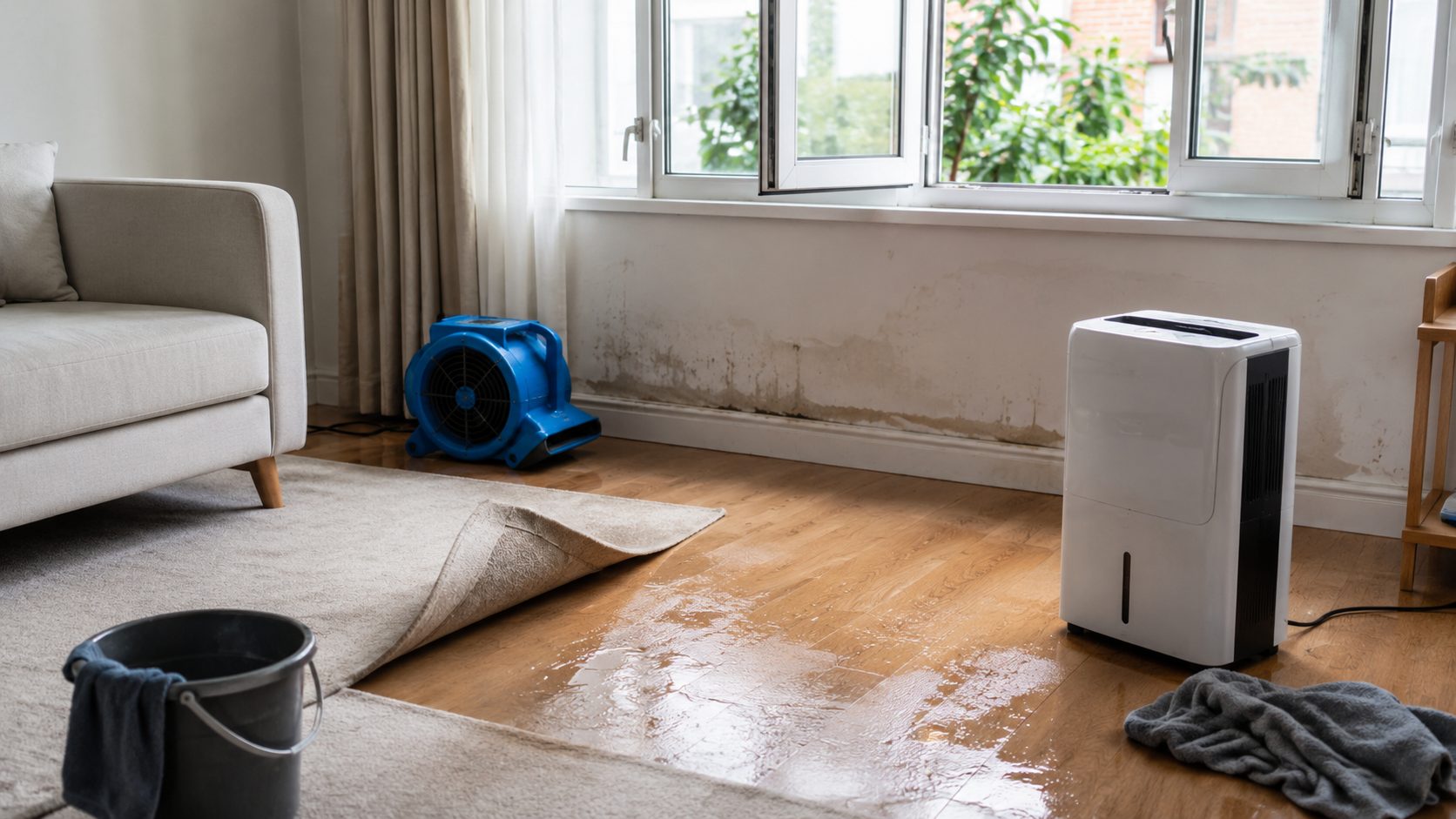 Pièce touchée par un dégât des eaux avec déshumidificateur, ventilateur, sol humide et mur taché pour éviter les odeurs persistantes