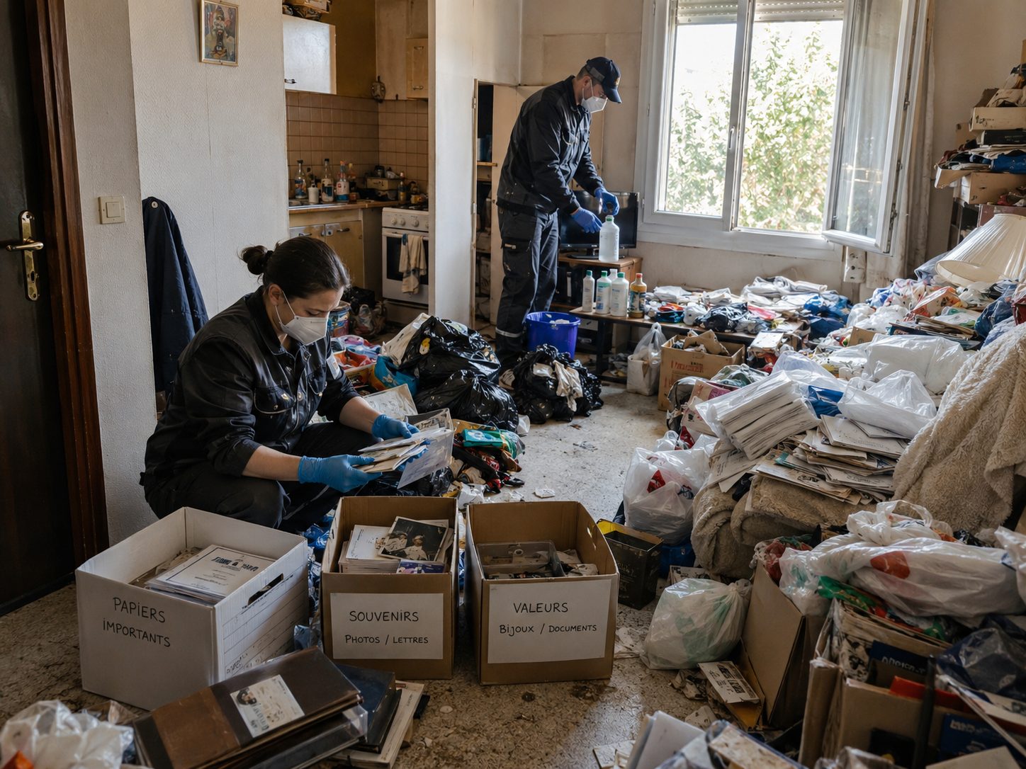 Professionnels équipés préparant et triant un logement encombré avant une intervention après le syndrome de Diogène