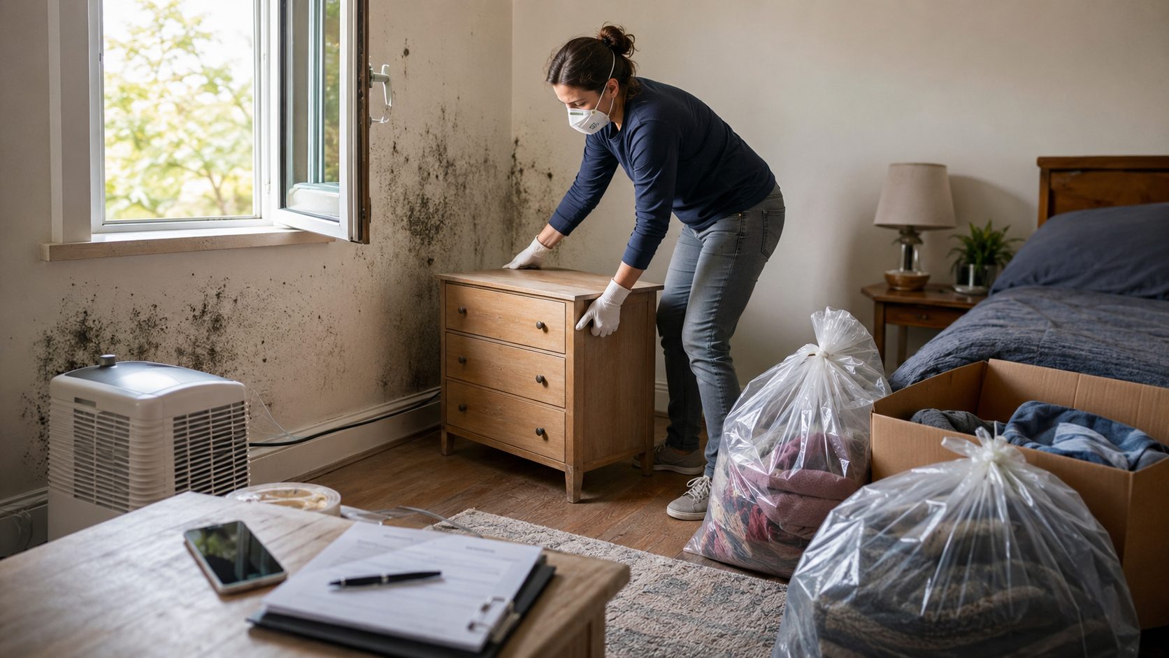 Personne préparant une chambre avant une intervention contre les moisissures avec meubles déplacés, sacs fermés et déshumidificateur.