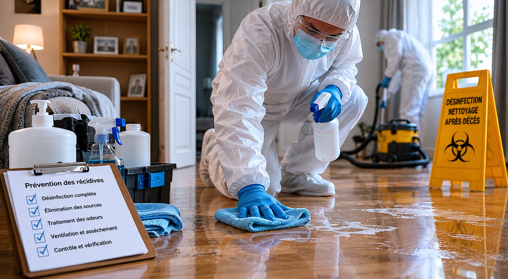 Techniciens en combinaison de protection réalisant une désinfection après décès pour éviter les récidives d’odeurs et de contamination