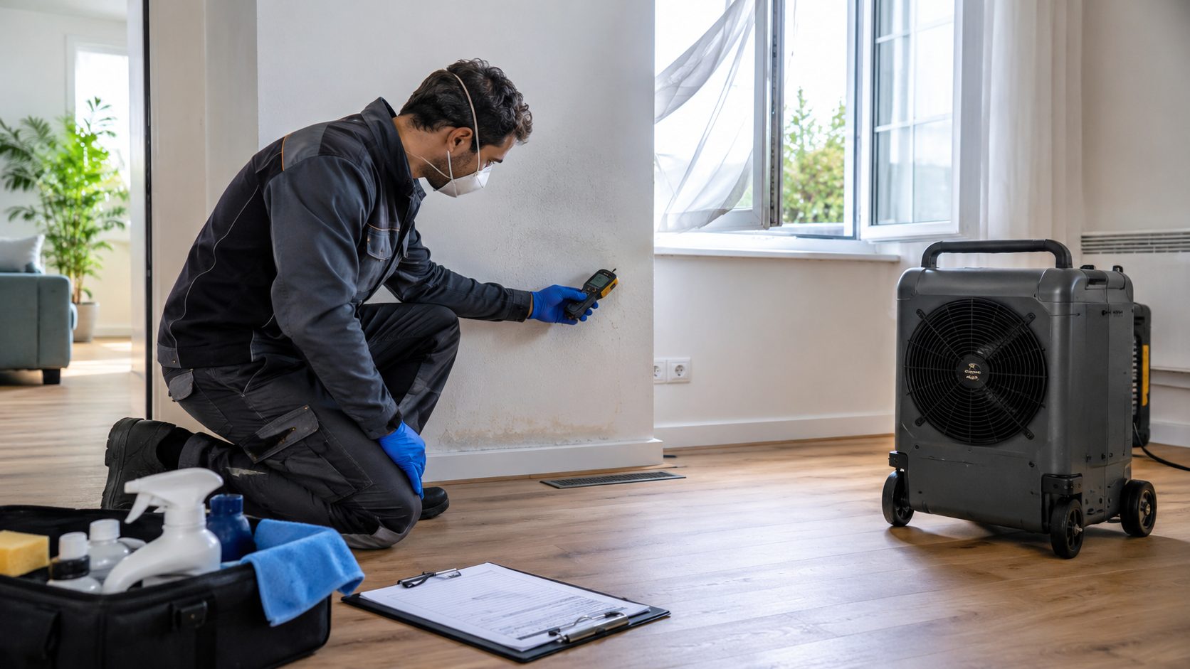 Technicien contrôlant l’humidité d’un mur après une désinfection après sinistre pour éviter les récidives