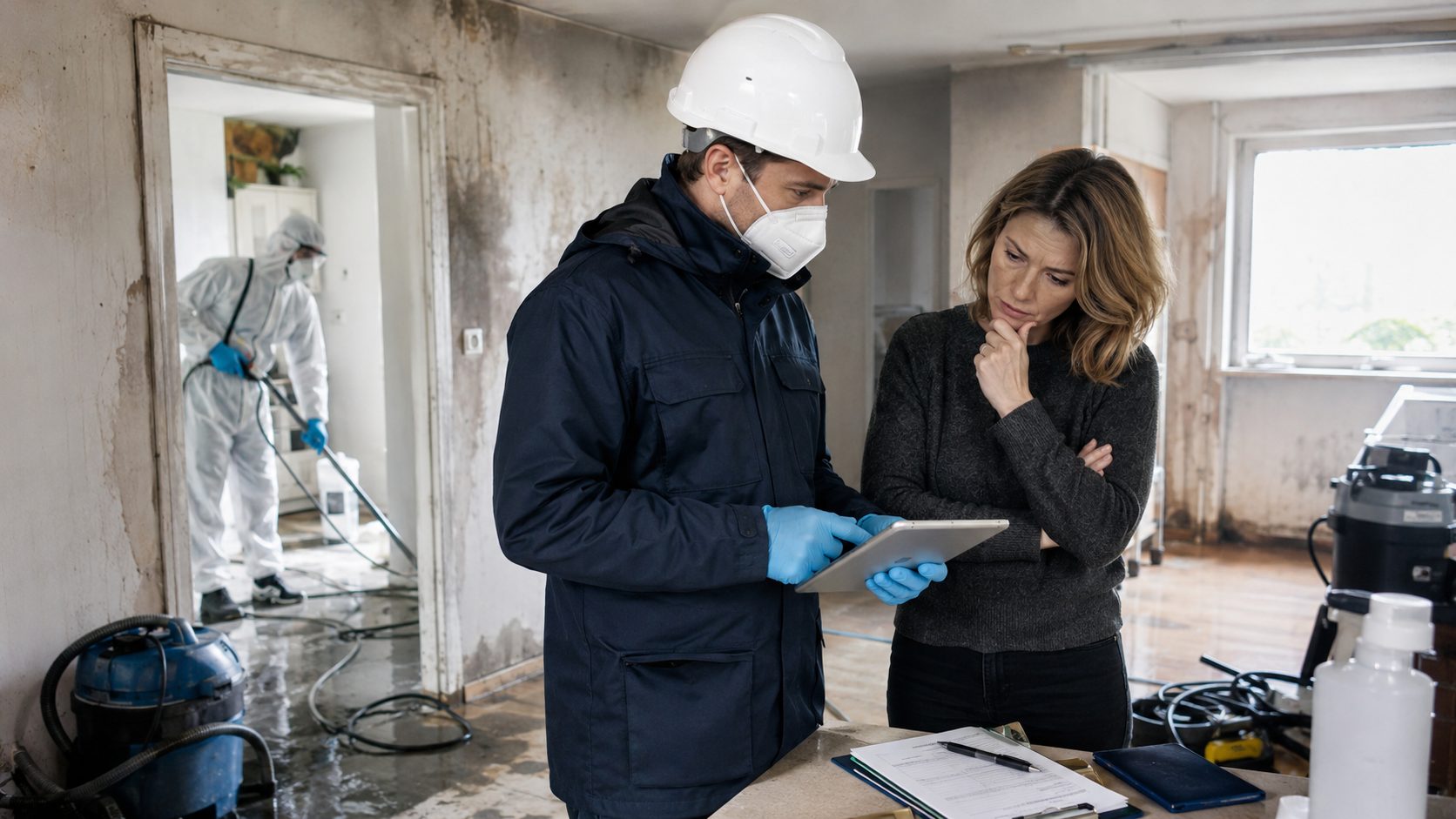 Technicien en désinfection après sinistre accompagnant une cliente dans un logement endommagé par l’eau et la fumée