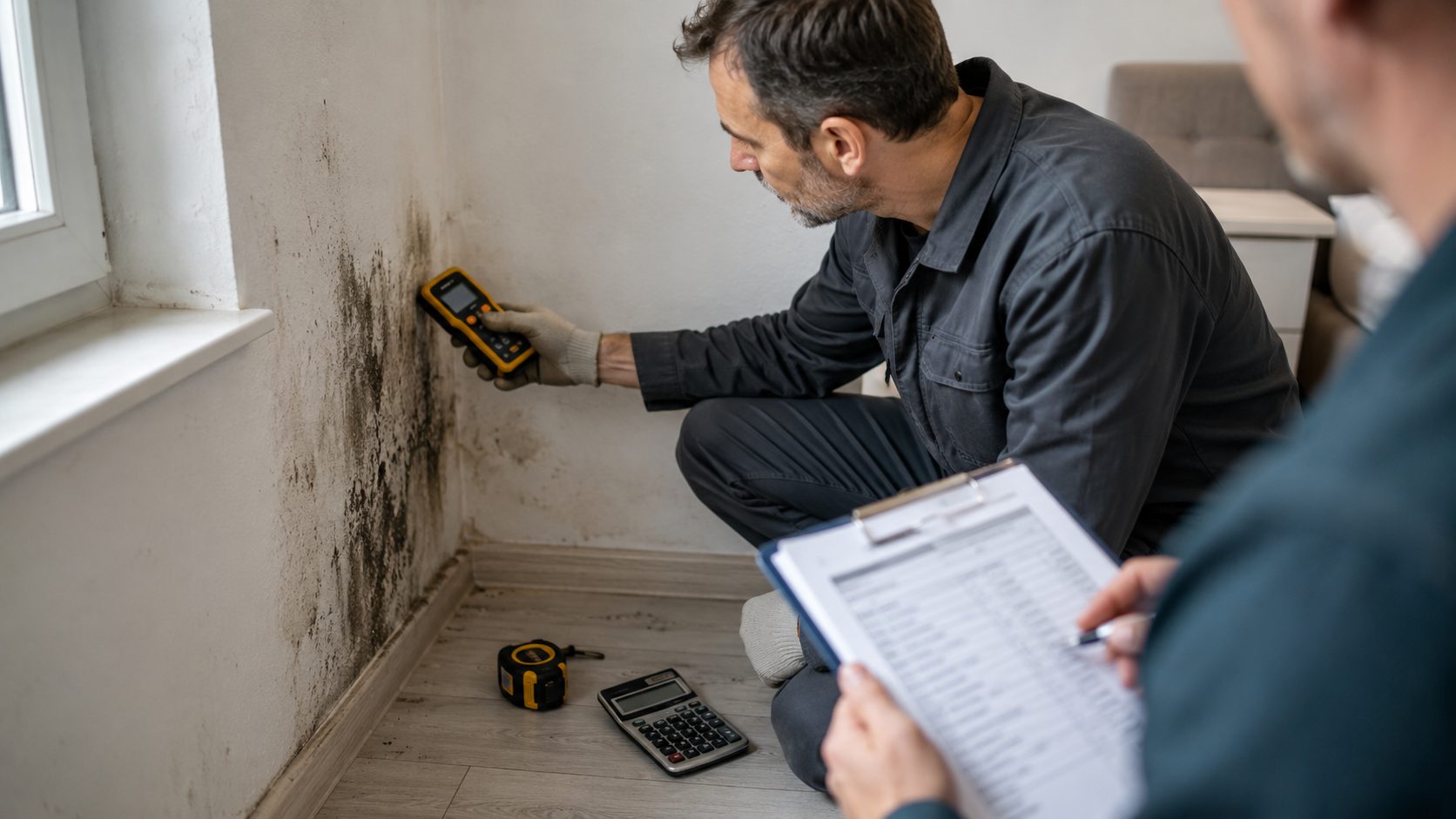 Professionnel inspectant un mur avec des moisissures pour estimer le prix d’une intervention après humidité