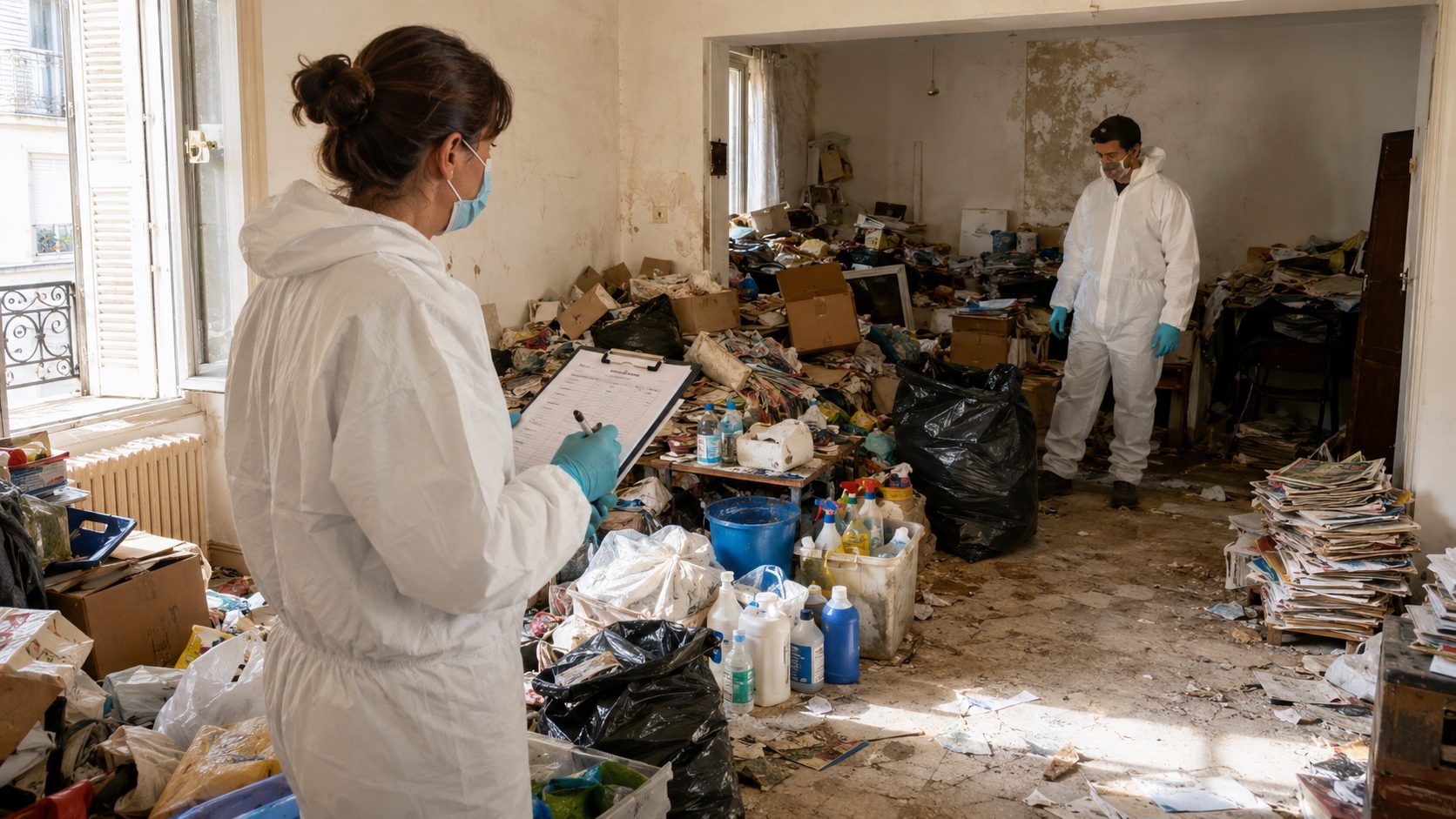 Intervention de nettoyage après syndrome de Diogène dans un logement encombré avec équipe spécialisée en combinaison de protection