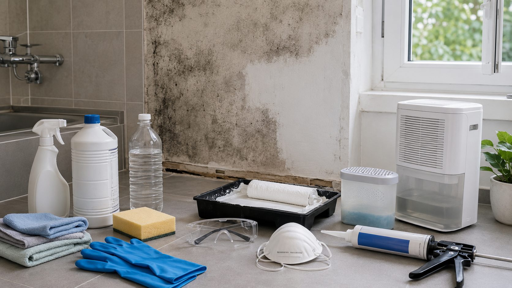 Produits utilisés après des moisissures avec gants, masque, nettoyants, déshumidificateur et matériel de traitement contre l’humidité