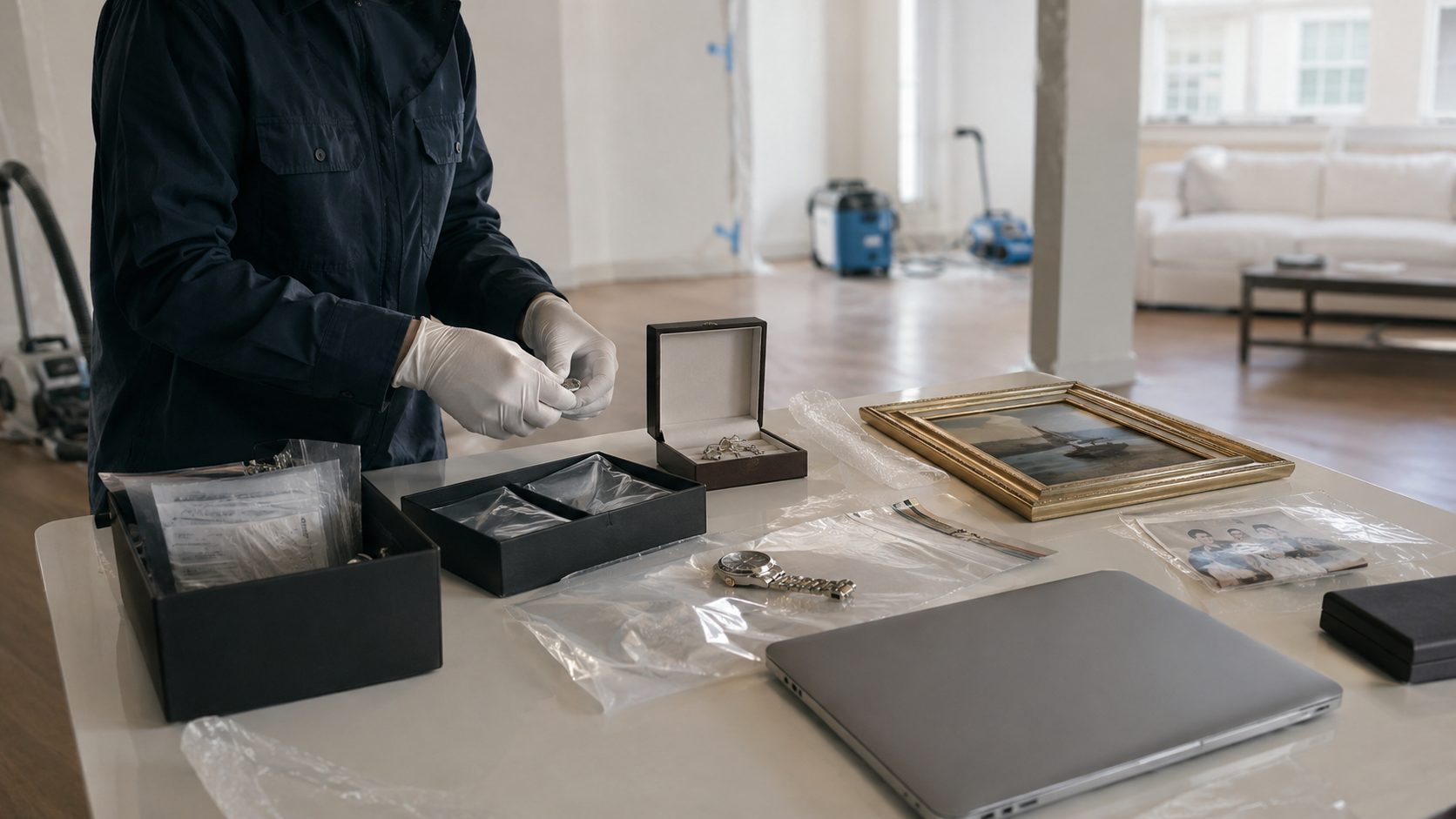 Protection d’objets de valeur après une désinfection après sinistre avec bijoux, documents, photos, ordinateur et tableau soigneusement emballés