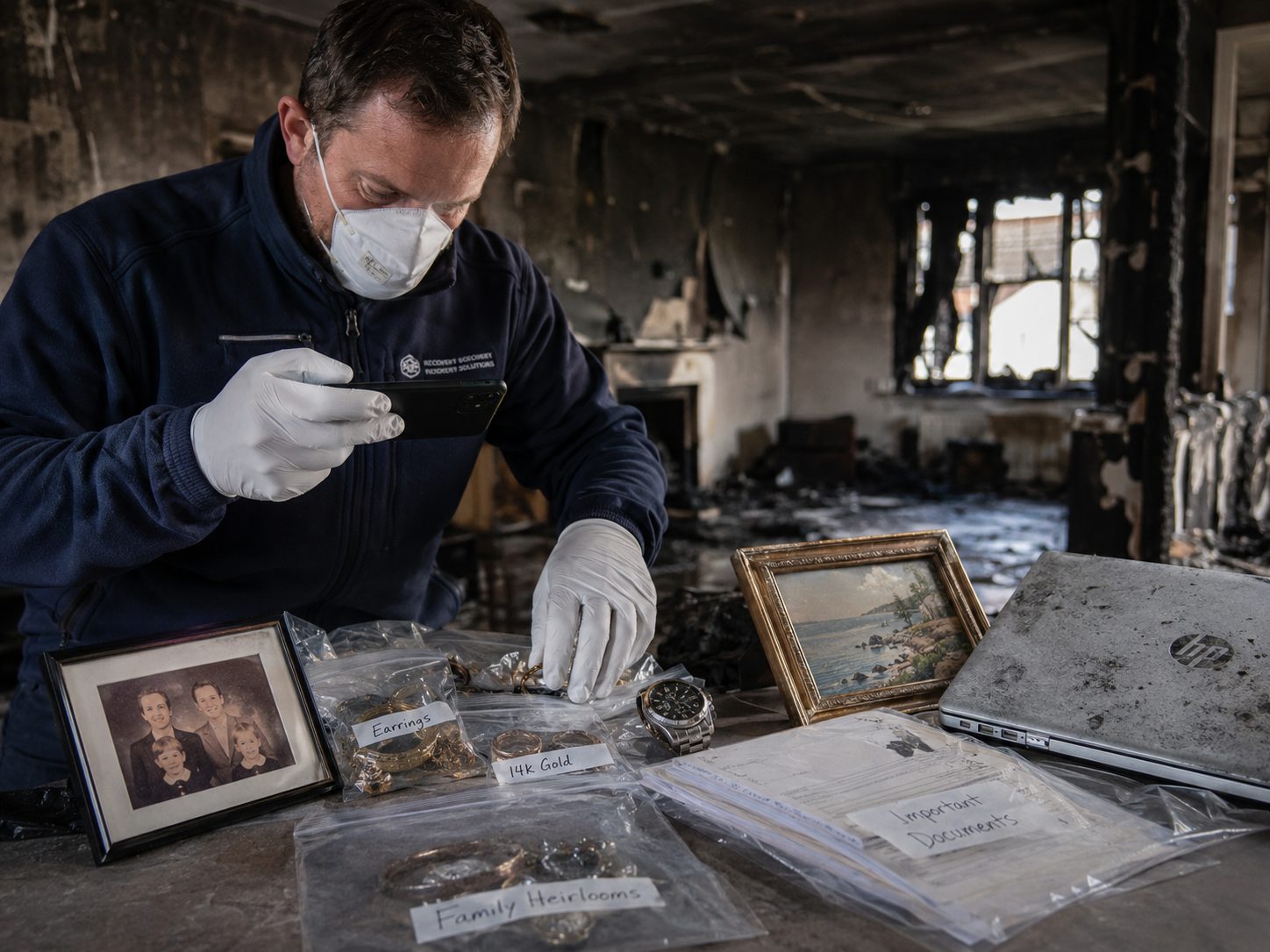 Expert photographiant des bijoux, documents importants, ordinateur et souvenirs récupérés dans une maison endommagée par un incendie