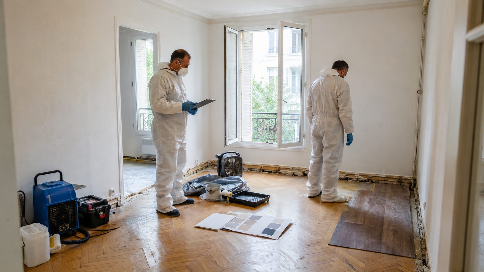 Professionnels en combinaison inspectant un logement après un nettoyage après décès avant travaux de rénovation
