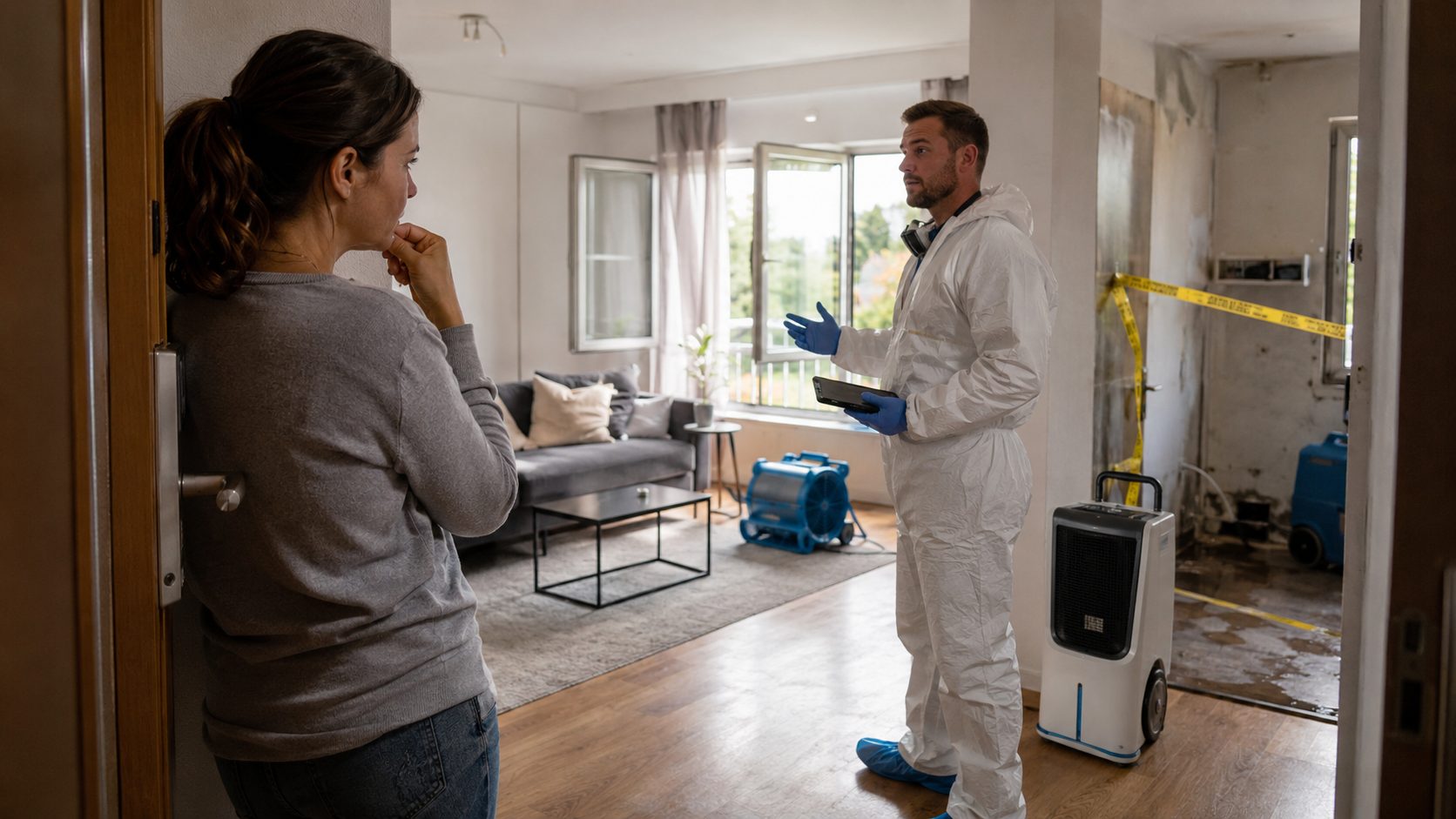 Technicien en combinaison de protection expliquant à une occupante si elle peut rester dans son logement après une désinfection après sinistre