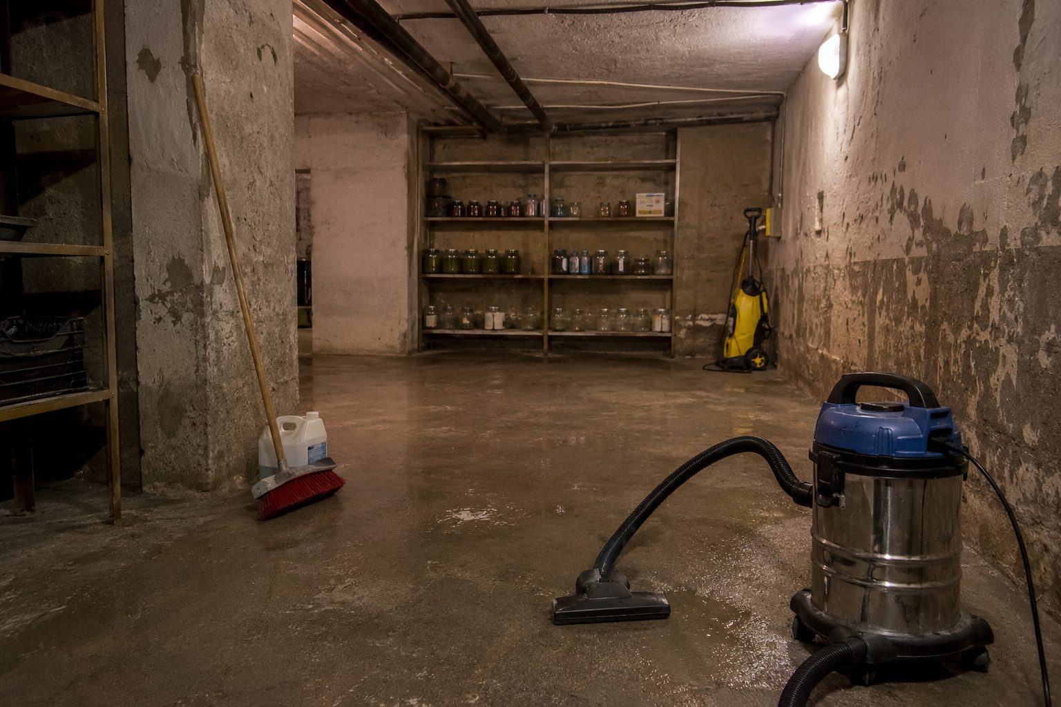 Cave humide en cours de nettoyage après une désinfection après sinistre avec aspirateur à eau, balai et matériel d’assainissement