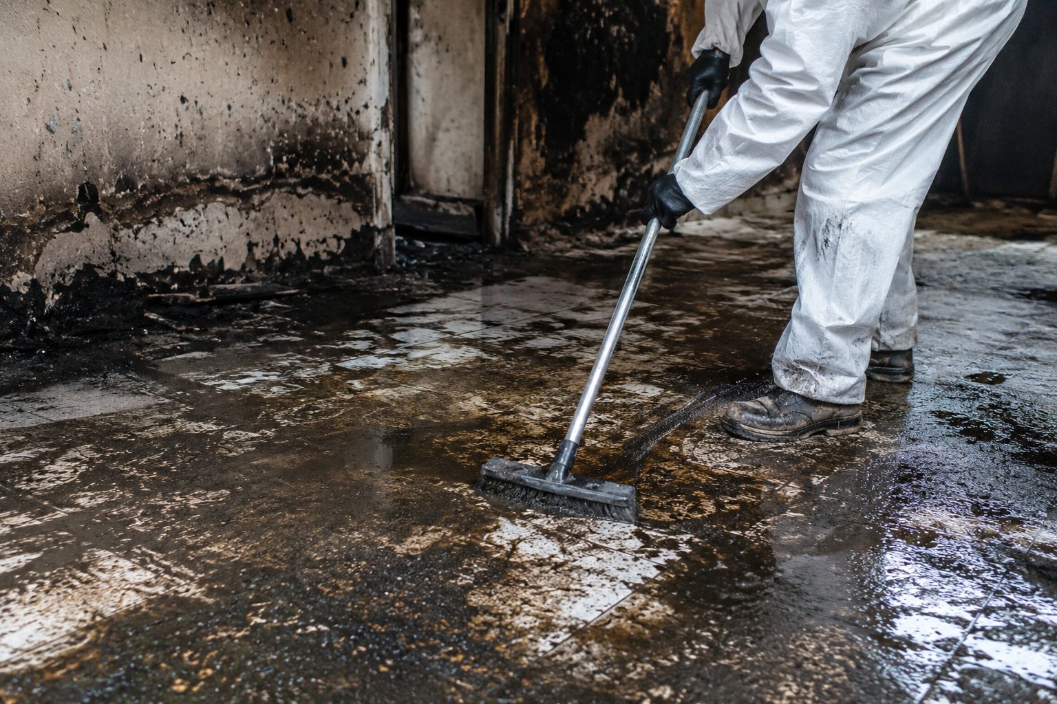 Technicien en combinaison de protection nettoyant un sol couvert de suie après un incendie dans une pièce endommagée