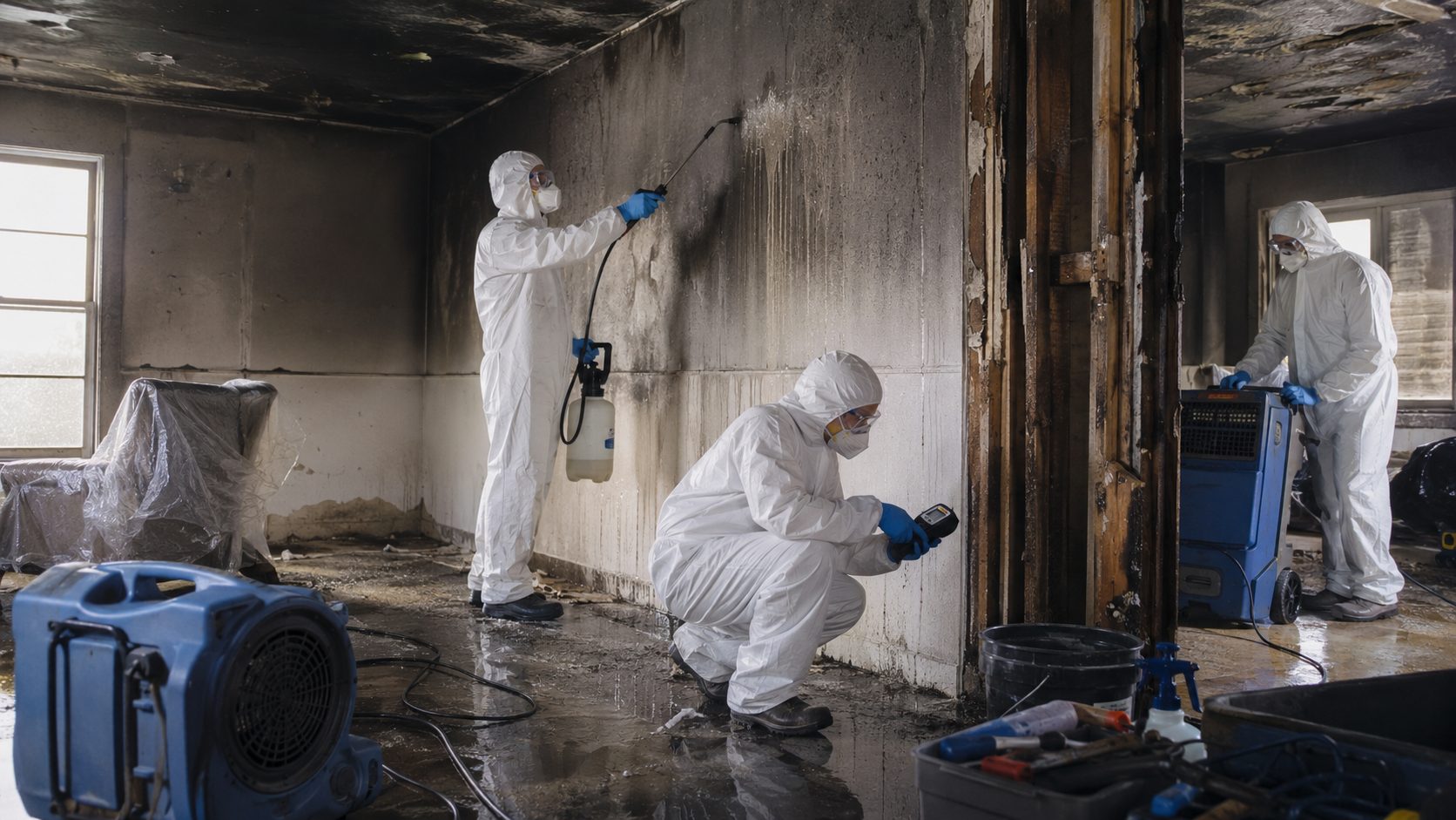 Techniciens en combinaison de protection réalisant une désinfection professionnelle après sinistre dans un logement endommagé