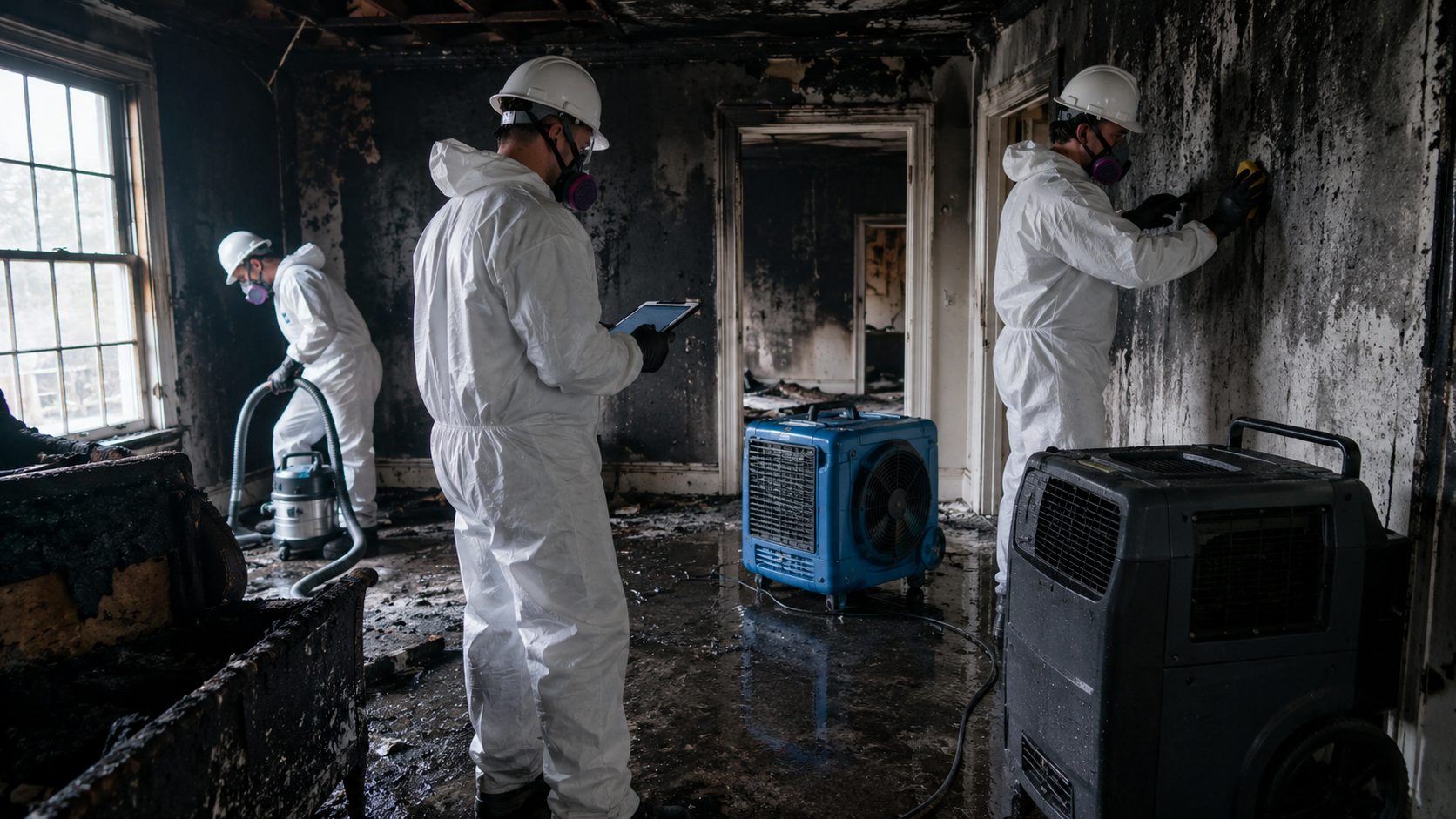 Entreprise spécialisée intervenant après un incendie pour nettoyer la suie, décontaminer les surfaces et restaurer un intérieur endommagé par le feu