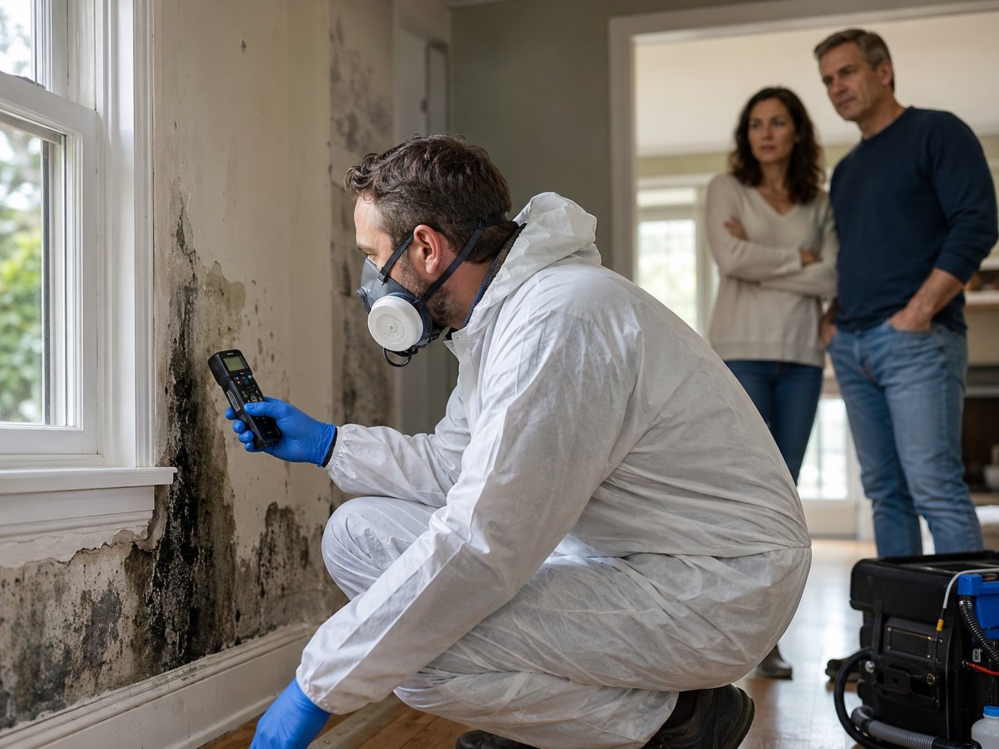 Technicien spécialisé inspectant des moisissures sur un mur humide dans une maison