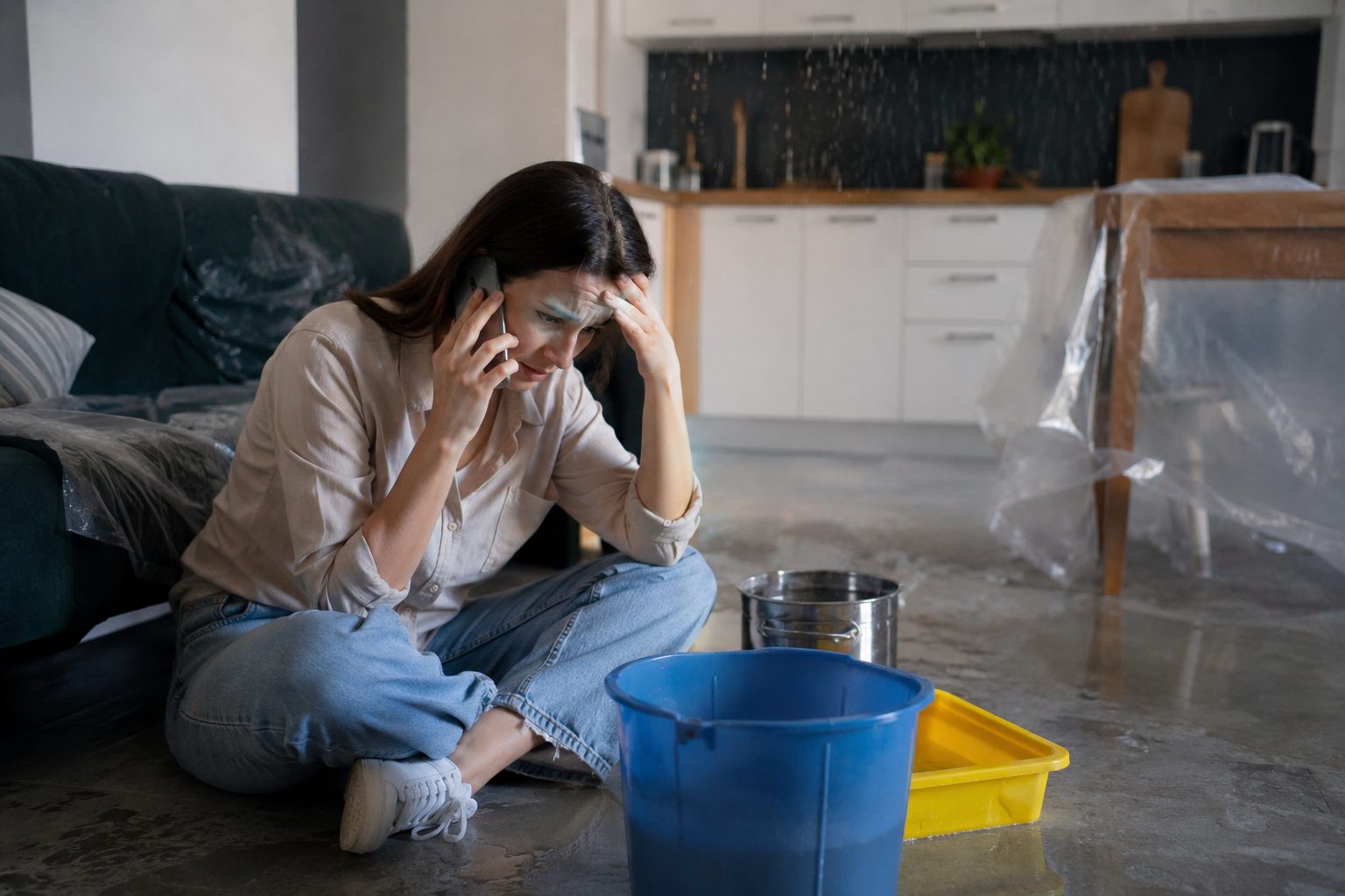 Femme stressée au téléphone après un dégât des eaux dans son logement avec des seaux au sol pour récupérer l’eau