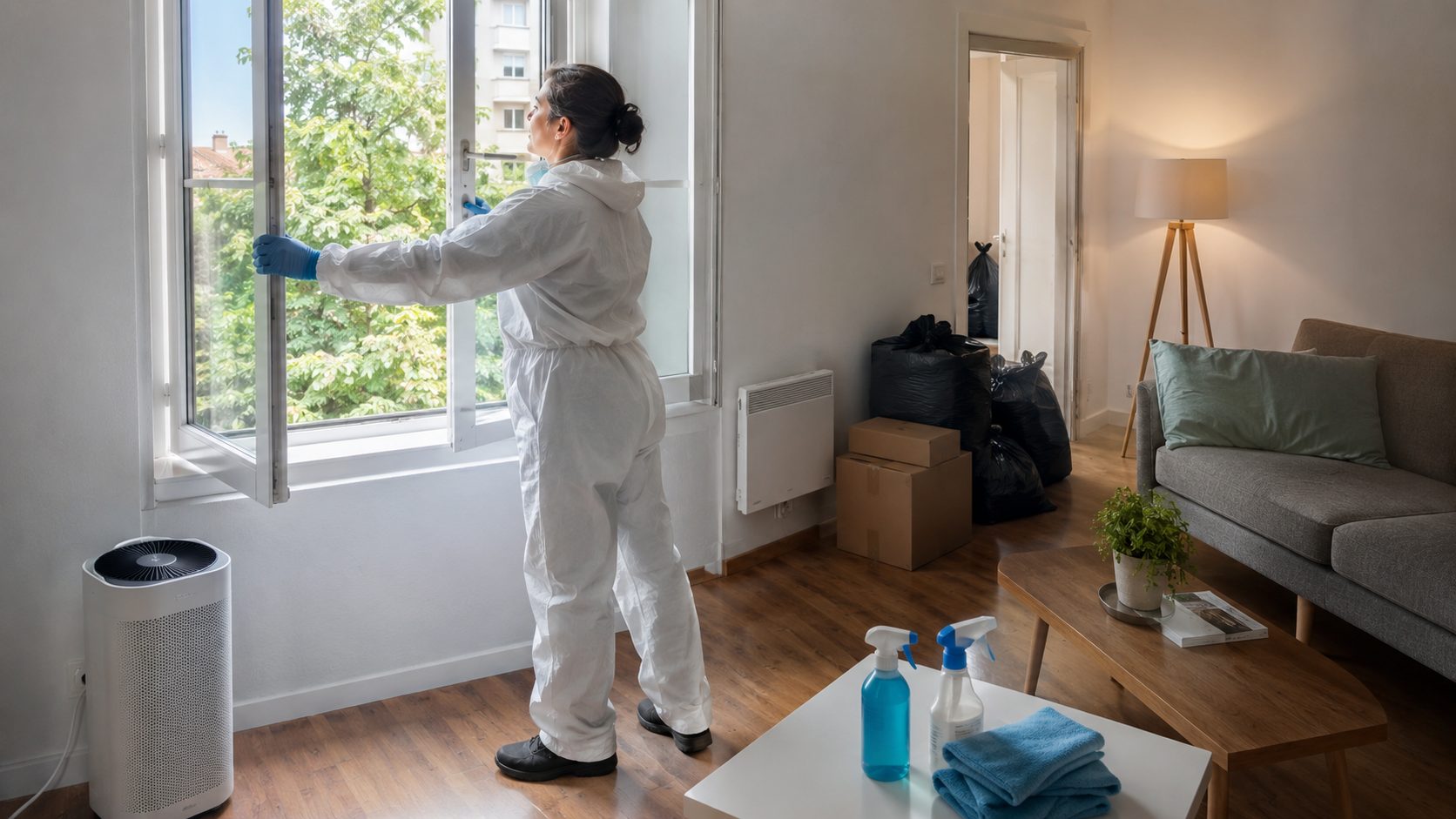 Professionnelle du nettoyage ouvrant une fenêtre dans un logement assaini après un syndrome de Diogène pour retrouver un air intérieur sain.