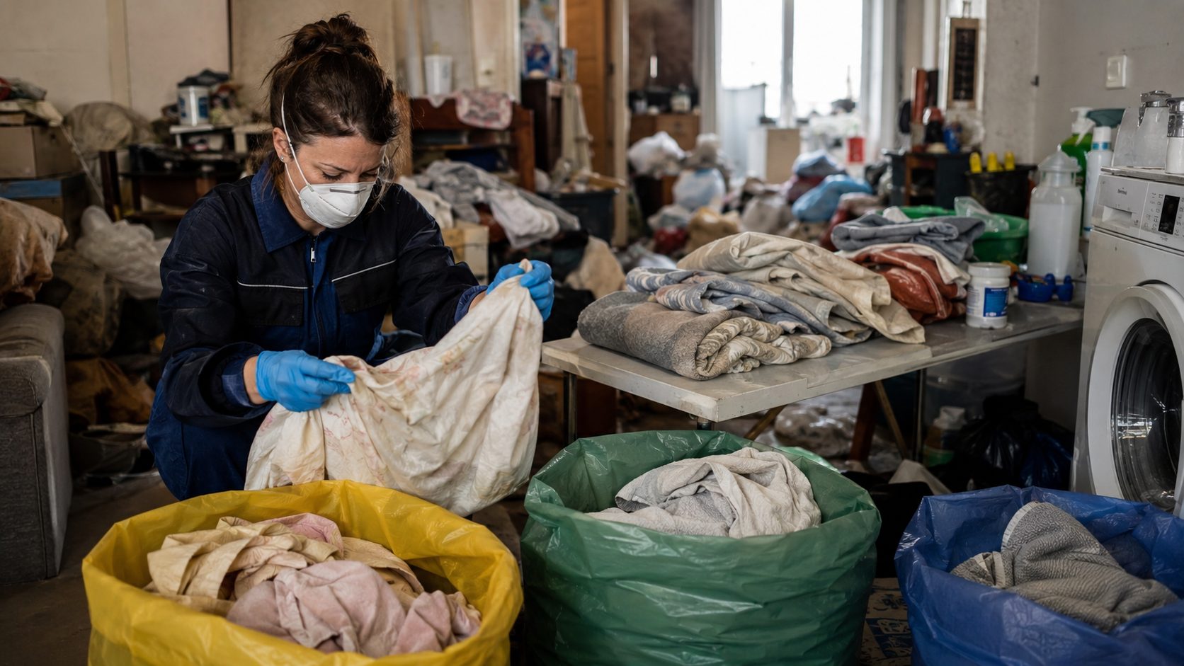 Professionnelle équipée de gants et d’un masque triant des textiles contaminés dans un logement encombré après un syndrome de Diogène
