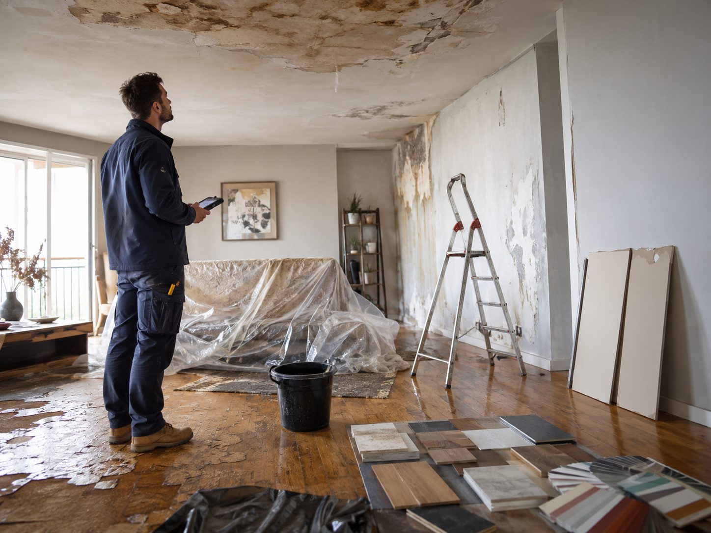 Artisan inspectant un plafond et des murs abîmés après un dégât des eaux dans un logement