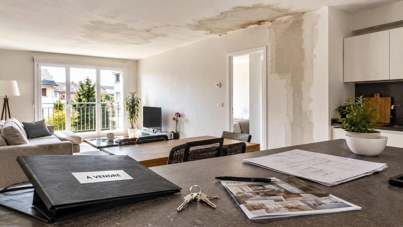 Appartement à vendre avec traces visibles de dégât des eaux au plafond et dossier immobilier sur la table