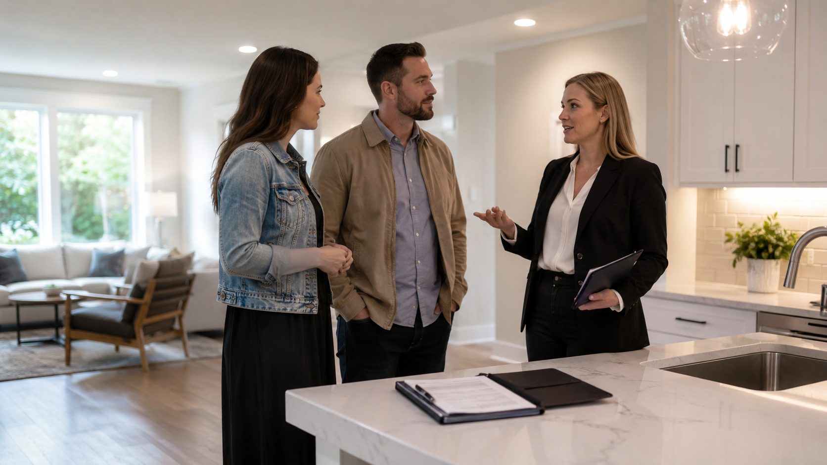Agent immobilier présentant un logement propre et désinfecté après sinistre à des acheteurs