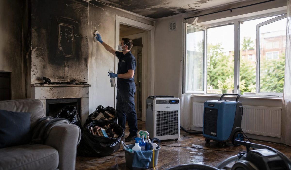 Technicien nettoyant les traces de suie et les odeurs de fumée dans une maison après un incendie