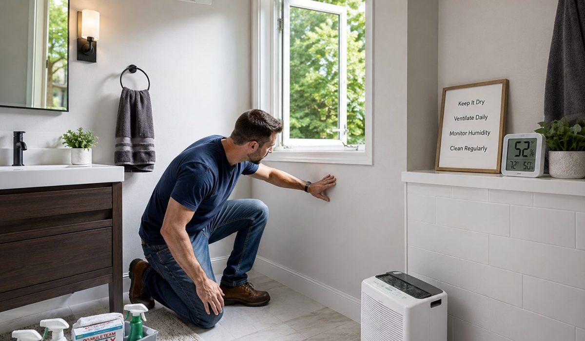 Homme inspectant un mur propre dans une salle de bain ventilée avec déshumidificateur pour éviter le retour des moisissures