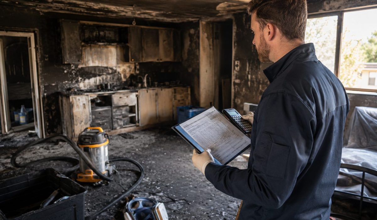 Technicien évaluant le prix d’une intervention après un incendie dans une maison endommagée par la suie