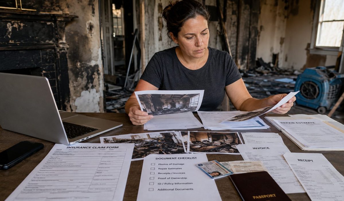 Femme préparant les documents à envoyer à l’assurance après un incendie dans une maison endommagée