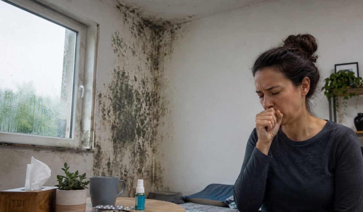 Femme toussant dans une pièce humide avec des moisissures visibles sur le mur près d’une fenêtre