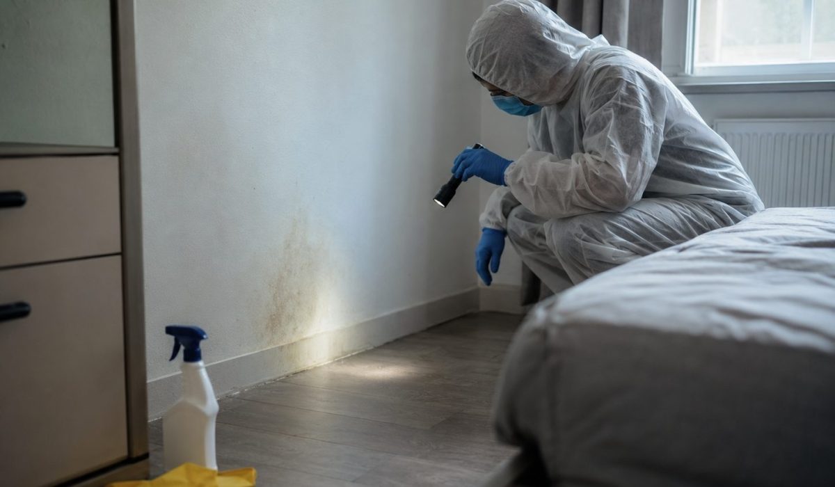 Professionnel en combinaison de protection inspectant une tache suspecte après un nettoyage après décès