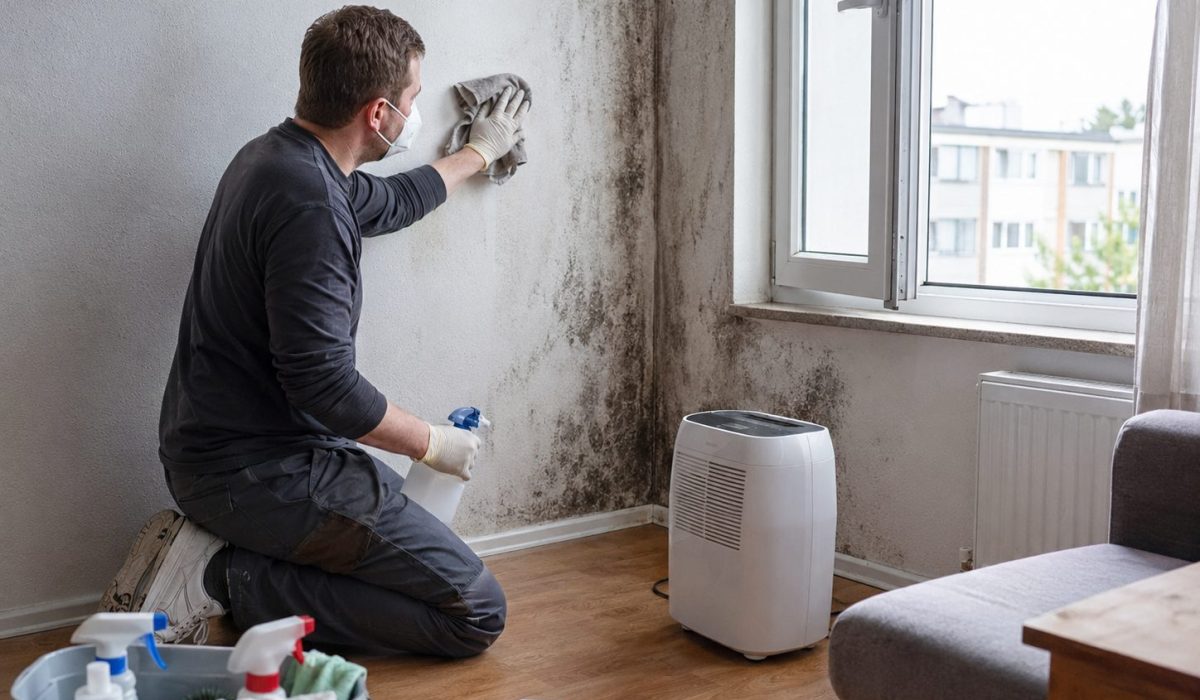 Assèchement d’un logement après des moisissures avec déshumidificateur, aération et nettoyage d’un mur humide