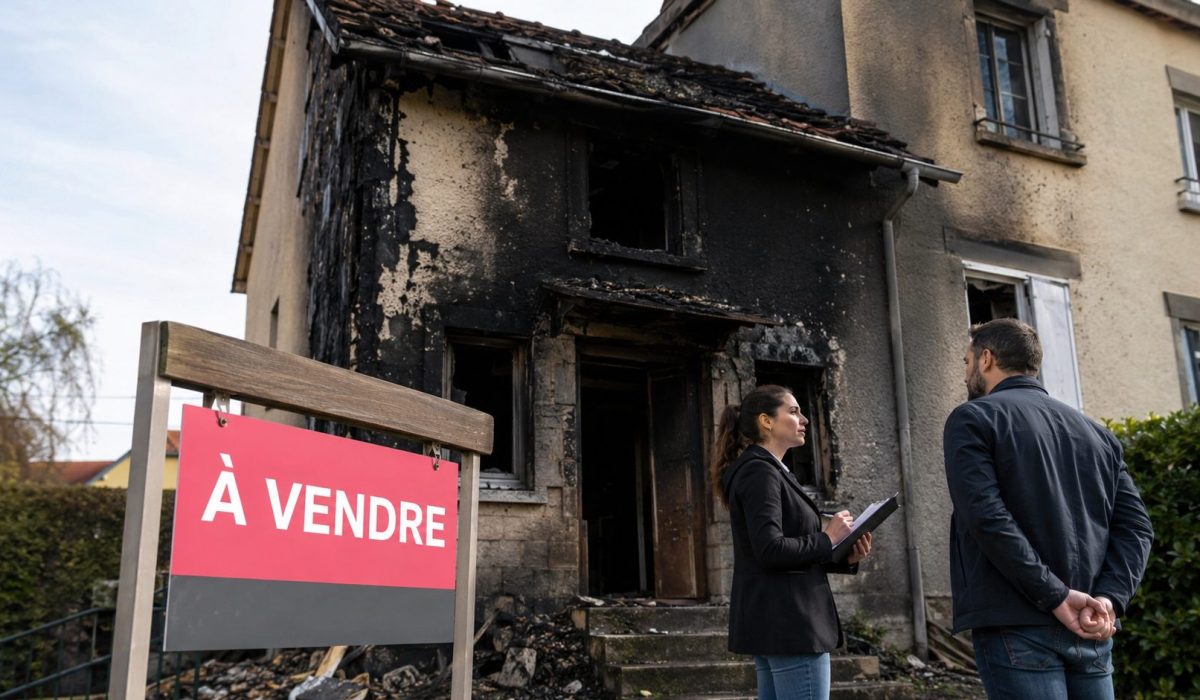 Maison endommagée par un incendie avec panneau à vendre et visite immobilière